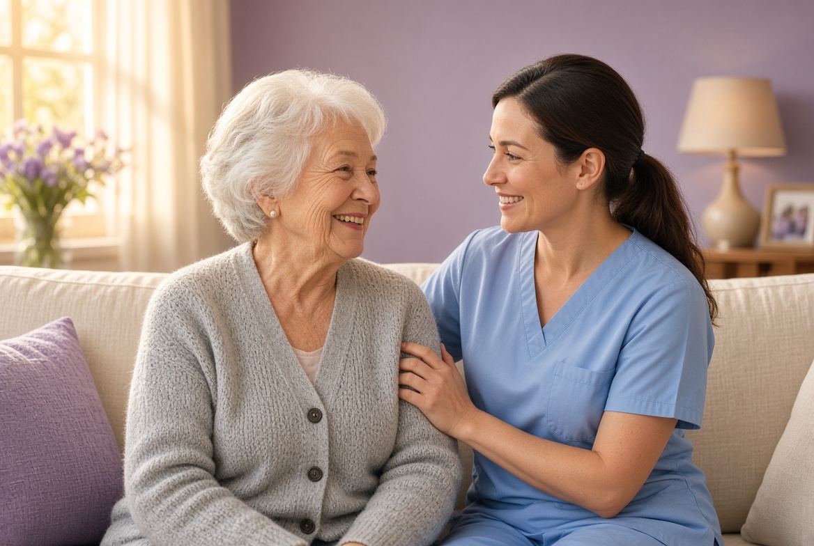 A caregiver sitting with an older woman on a sofa, both smiling